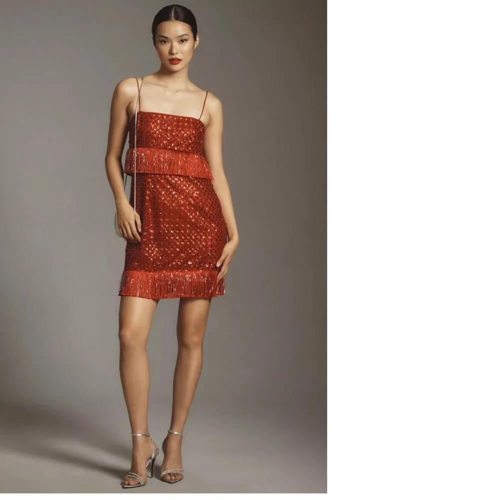 Anthropologie Saylor Caitriona Sequin Fringe Mini Dress XS new nwt red - Picture 4 of 7